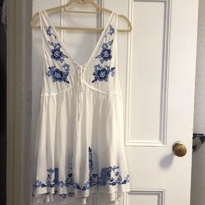 free people white dress with blue embroidery